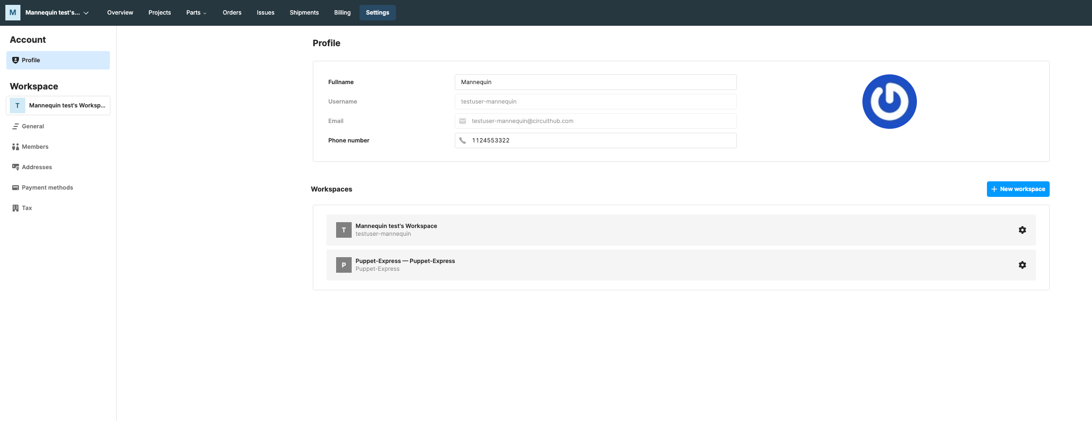 Screenshot of the CircuitHub App showing workspaces