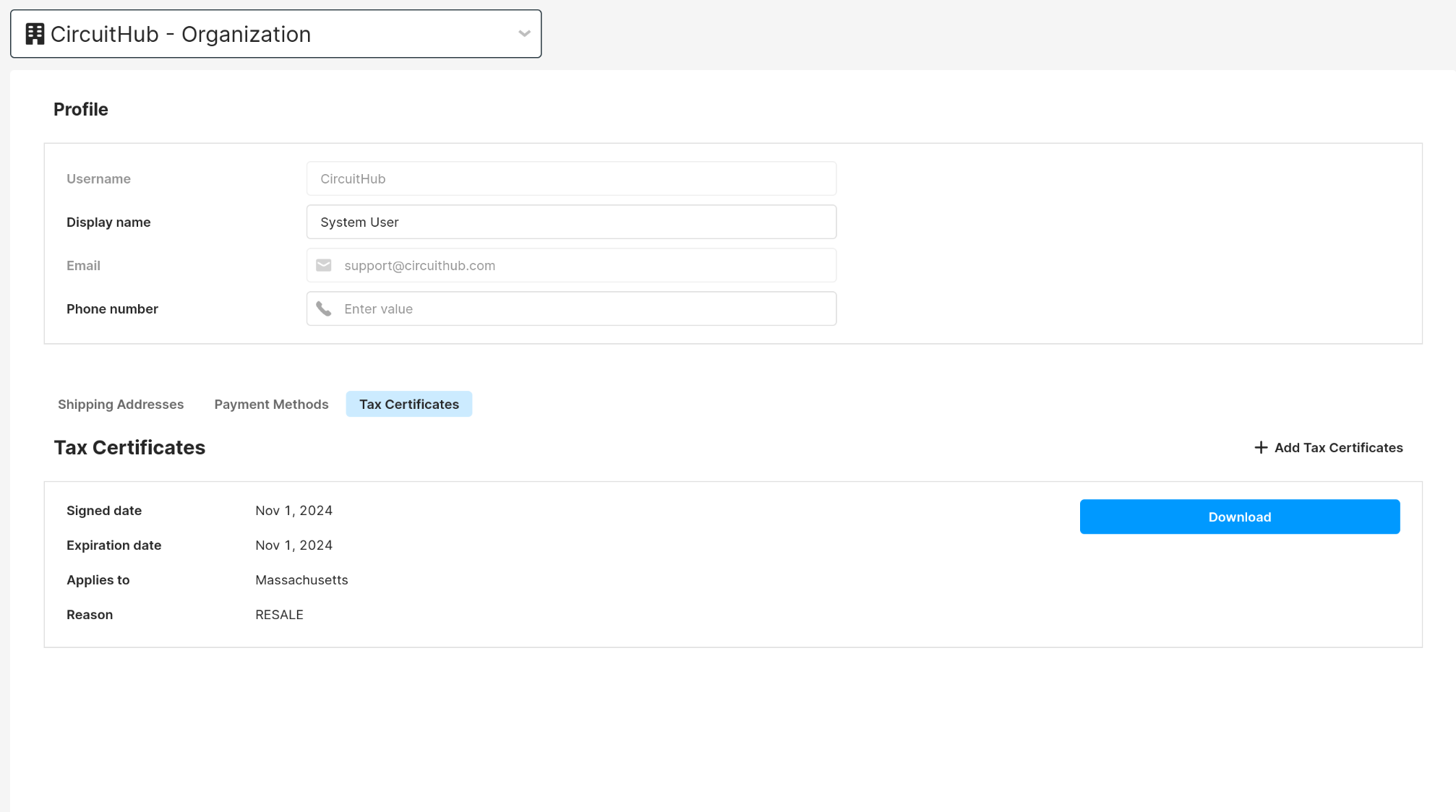 A screenshot of the settings page, showing off the tax certificates tab